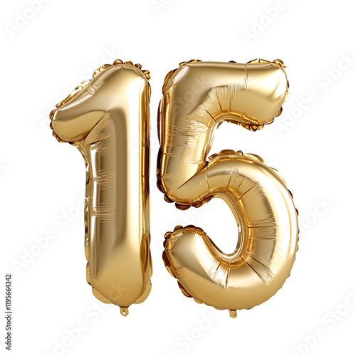 Shiny gold balloon numbers ‘15’, perfect for birthday or anniversary celebrations