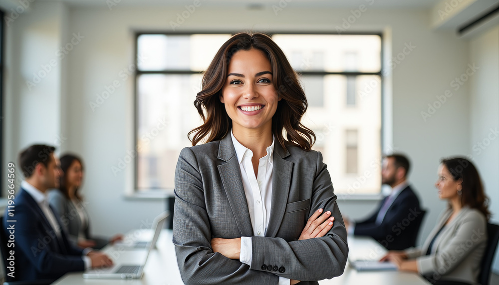 Empowered businesswoman smiling confidently in boardroom, women's strength Empowered businesswoman smiling confidently in boardroom, women's strength