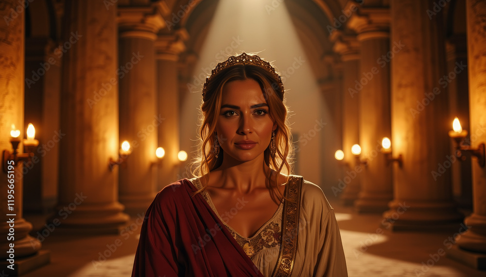 Naklejka premium Intense queen gazing in ancient chamber at night, regal strength