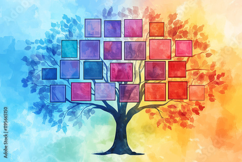 A family tree template with empty cells for user input, playful drawings, hand-drawn elements, fun design, cartoon-like appearance, ancestry, heritage	