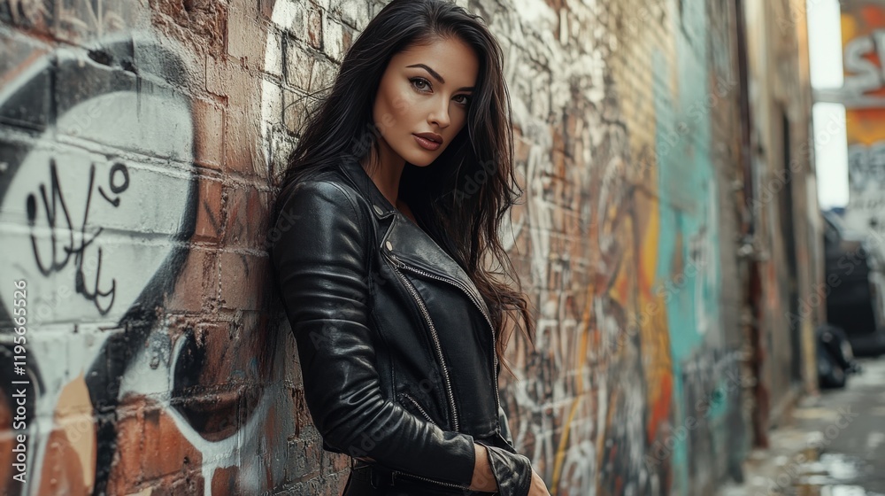 Naklejka premium Woman In Leather Jacket Leaning Against Graffiti Wall