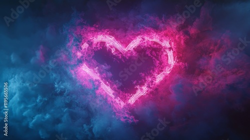 A vibrant neon light in the shape of a heart, glowing in a dark ambiance. Perfect for Valentine's Day and modern decor.