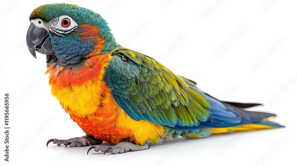 Obraz premium Colorful parrot perched gracefully, showcasing vibrant feathers against a white background