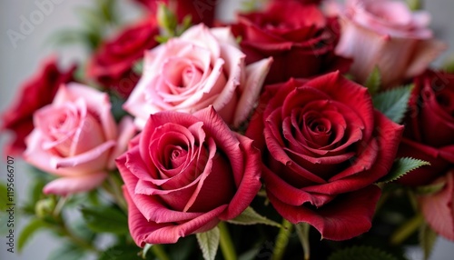 Close-up of red and pink roses in beautiful floral arrangement
