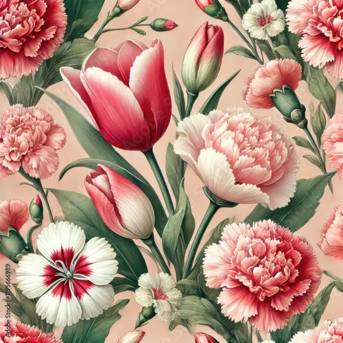 Wallpaper Mural Floral pattern with tulips, carnations, and roses on a vintage peach background, elegant botanical design, concept of wedding decor, textile, gift wrapping Torontodigital.ca