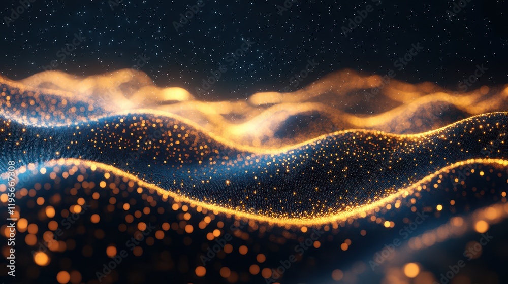 Illuminated abstract waves with glowing dots in a dark, starry background Illuminated abstract waves with glowing dots in a dark, starry background