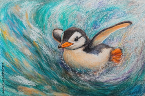 Colorful Art of a Penguin Swimming in Vibrant Ocean Waves photo