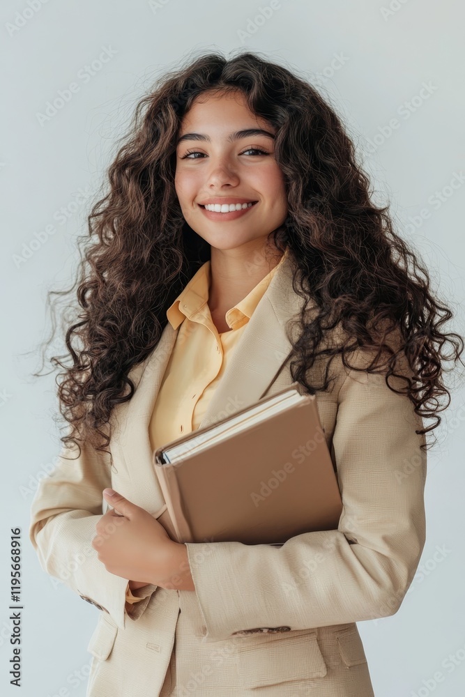 Obraz premium Young businesswoman in a beige suit smiles warmly while holding a book, conveying professionalism and positivity.
