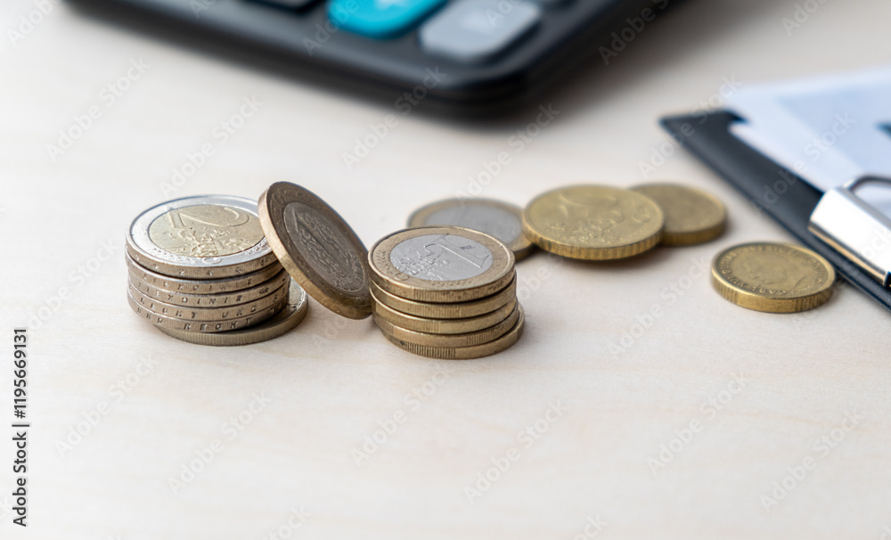 Euro coins stacked in different positions. Currency of the European Union.