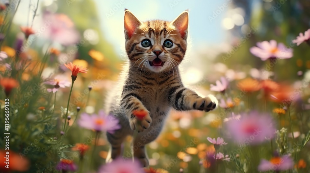 kitten fly and jump over pink flower meadow. Generative AI kitten fly and jump over pink flower meadow. Generative AI