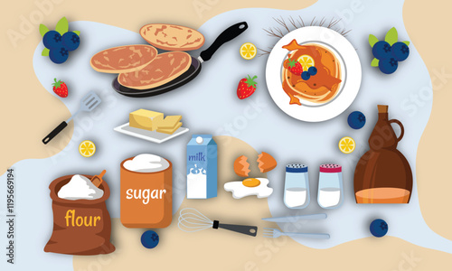 Pancake Day Illustration, a set of all item to make a pancake 