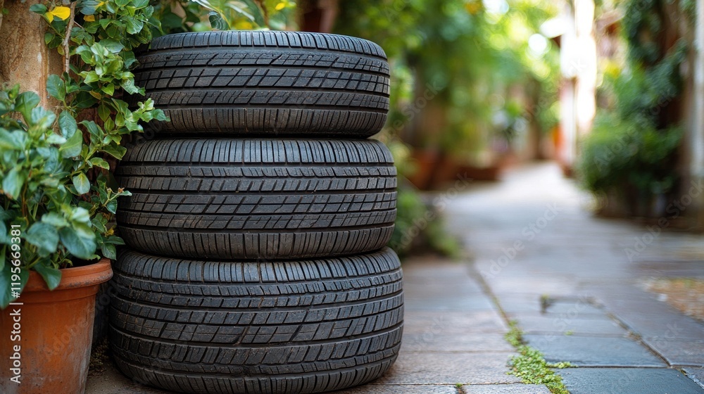 Stacked used tires outdoors next to plants in a garden path. Stacked used tires outdoors next to plants in a garden path.
