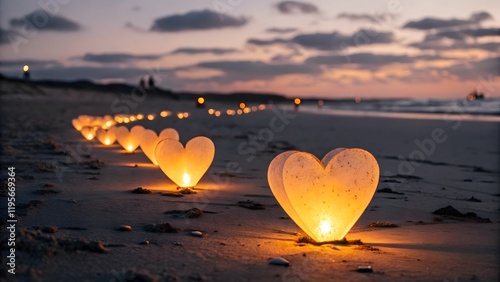 Heart-Shaped Lanterns on Sunset Beach for a Romantic Atmosphere V1