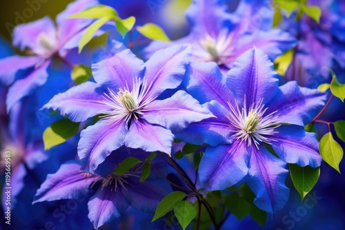 Purple Beauty of Summer Garden: Blooming Blue Clematis Flower on a Beautiful Background (aspect ratio 3:2) photo