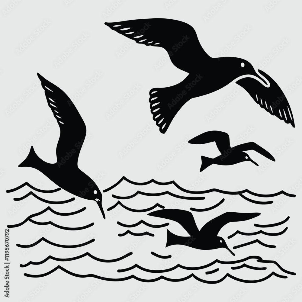 Obraz premium seabirds diving into the ocean silhouette vector design art and illustration