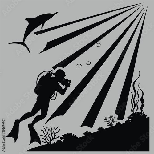 rays passing over an underwater silhouette vector design art and illustration