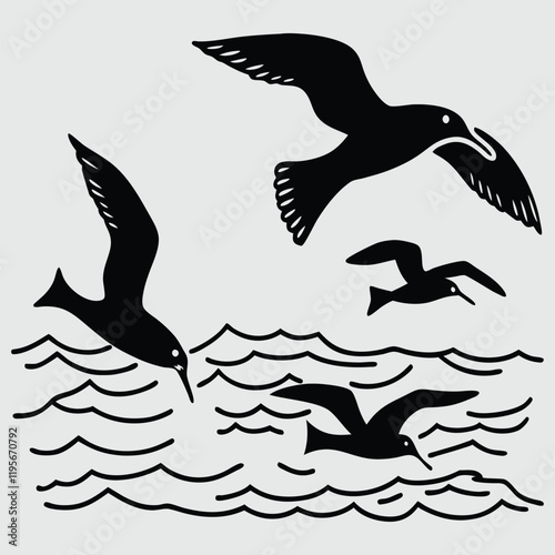 seabirds diving into the ocean silhouette vector design art and illustration