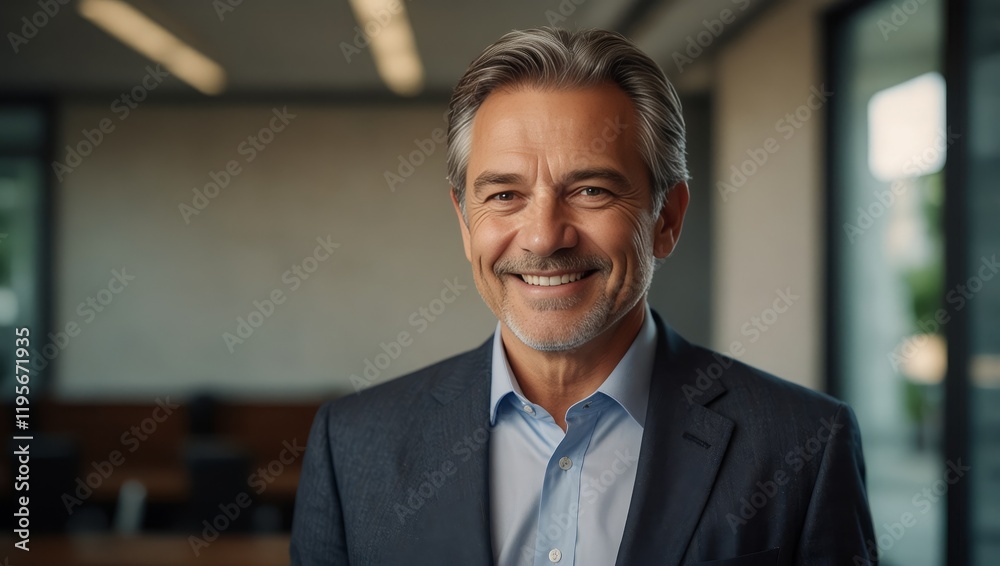 Smiling older bank manager or investor, happy middle aged business man boss ceo, confident professional businessman executive standing in office Smiling older bank manager or investor, happy middle aged business man boss ceo, confident professional businessman executive standing in office