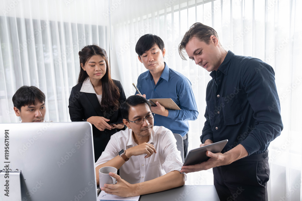 Group of diverse office worker employee working together on strategic business marketing planning in corporate office room. Positive teamwork in business workplace concept. Prudent Group of diverse office worker employee working together on strategic business marketing planning in corporate office room. Positive teamwork in business workplace concept. Prudent