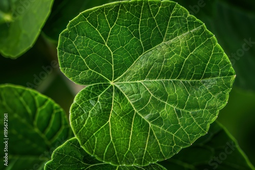 Vibrant green leaf with detailed vein structure and texture creating a captivating natural pattern