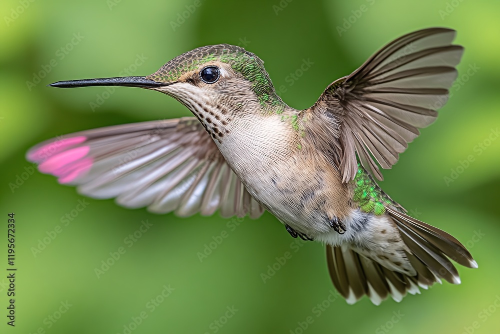 Obraz premium A close-up of a hummingbird in flight, showcasing its vibrant feathers and delicate wings.