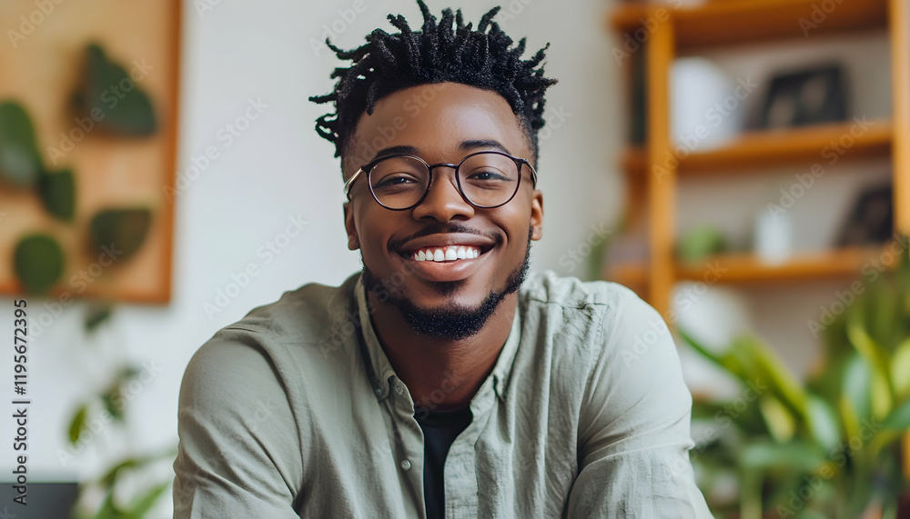 Fototapeta premium Young black programmer smiling while working on computer code in an office