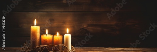 Shabbat Candlesticks Over Wooden Table. Top View of Burning Candles. Jewish Sabbath Celebration on Antique Black Board with Bokeh Background photo