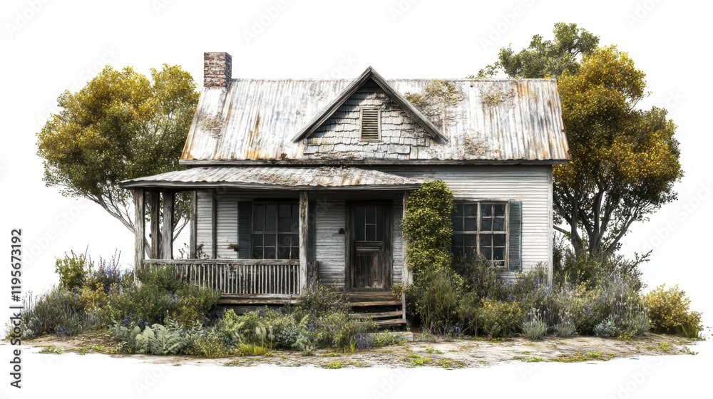 Rustic abandoned house with overgrown garden and weathered facade Rustic abandoned house with overgrown garden and weathered facade