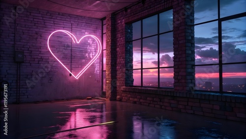 Wallpaper Mural Neon Pink Heart Sign with Sunset View and Moody Urban Atmosphere V2 Torontodigital.ca