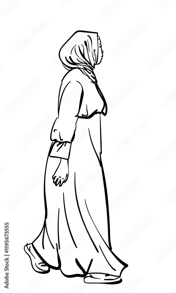 Muslim woman in long dress and head covered with headscarf walking, View from side, isolated, Hand drawn illustration, Vector sketch Muslim woman in long dress and head covered with headscarf walking, View from side, isolated, Hand drawn illustration, Vector sketch