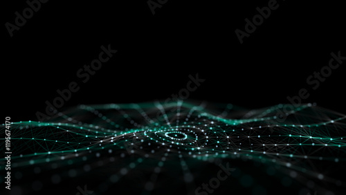 Abstract circle wave with green light on black background. Science background with moving dots and lines. Network connection technology. Digital structure with particles. 3d rendering.
