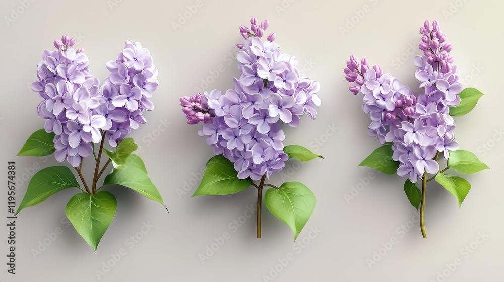 Vibrant lavender lilac blossoms on elegant green stems Vibrant lavender lilac blossoms on elegant green stems