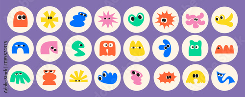 Abstract cool geometric hand drawn comic cute funny shape, character with eyes, frame in trendy retro Groovy, Y2K style, vintage. Futuristic isolated label, sticker, element. Flat Vector EPS10