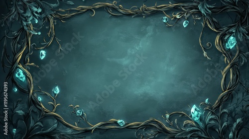 Enchanted Forest Frame: An intricate frame of twisting vines adorned with ethereal glowing blossoms, set against a dreamy blue-green background. The vines wind and curl with captivating elegance.