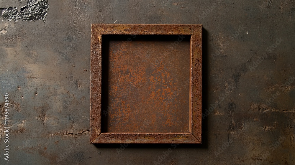 Rustic, square, rusty metal frame on a dark textured background. The frame's aged texture contrasts beautifully with the deep tones of the backdrop. Rustic, square, rusty metal frame on a dark textured background. The frame's aged texture contrasts beautifully with the deep tones of the backdrop.