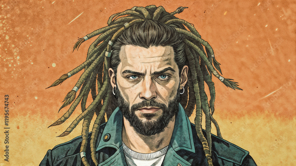 Fototapeta premium Confident man with dreadlocks and earrings posing against textured backdrop
