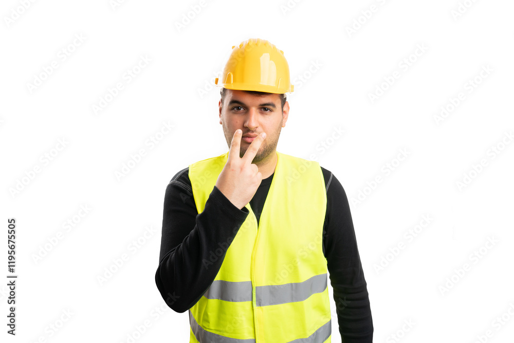 Male builder supervisor pointing fingers as eye contact gesture Male builder supervisor pointing fingers as eye contact gesture