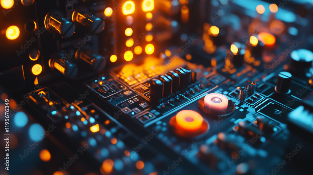 Fototapeta premium Close-up of blinking indicator lights on advanced laboratory equipment, illuminated components in scientific setup