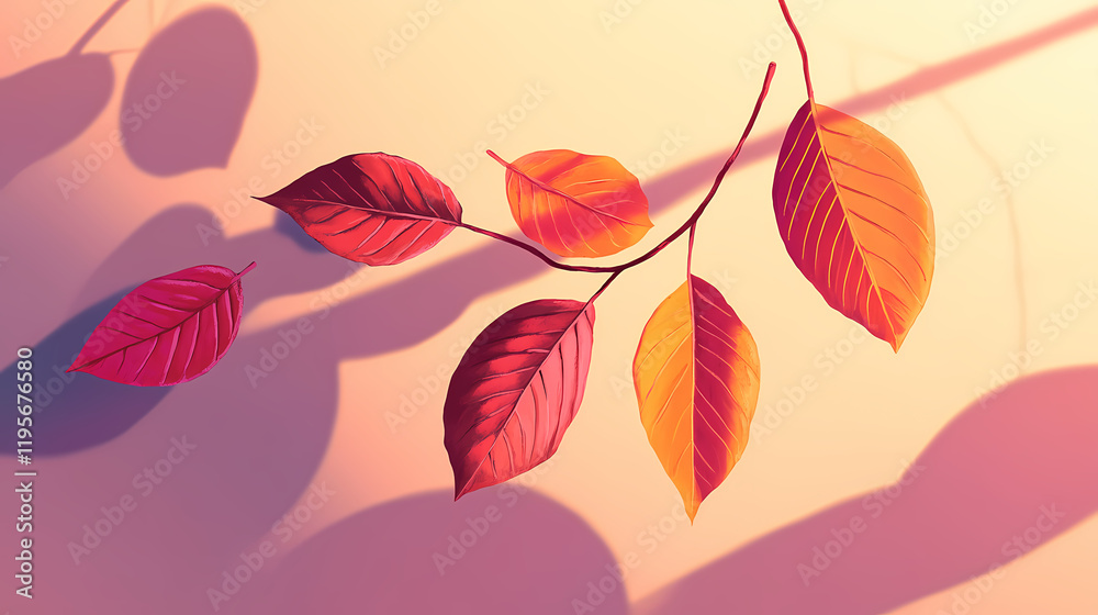 Fototapeta premium Soft shadows cast by leaves on a minimalist wall during afternoon light. Leafshadow. Illustration