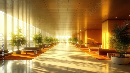 Sunlit modern lobby with seating and plants.