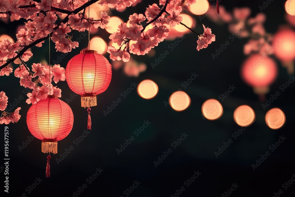 Obraz premium Chinese lanterns and cherry blossoms in the night sky, symbolizing hope for new beginnings during the Chinese New Year, with a dark background and bokeh lights. Ideal for festive designs
