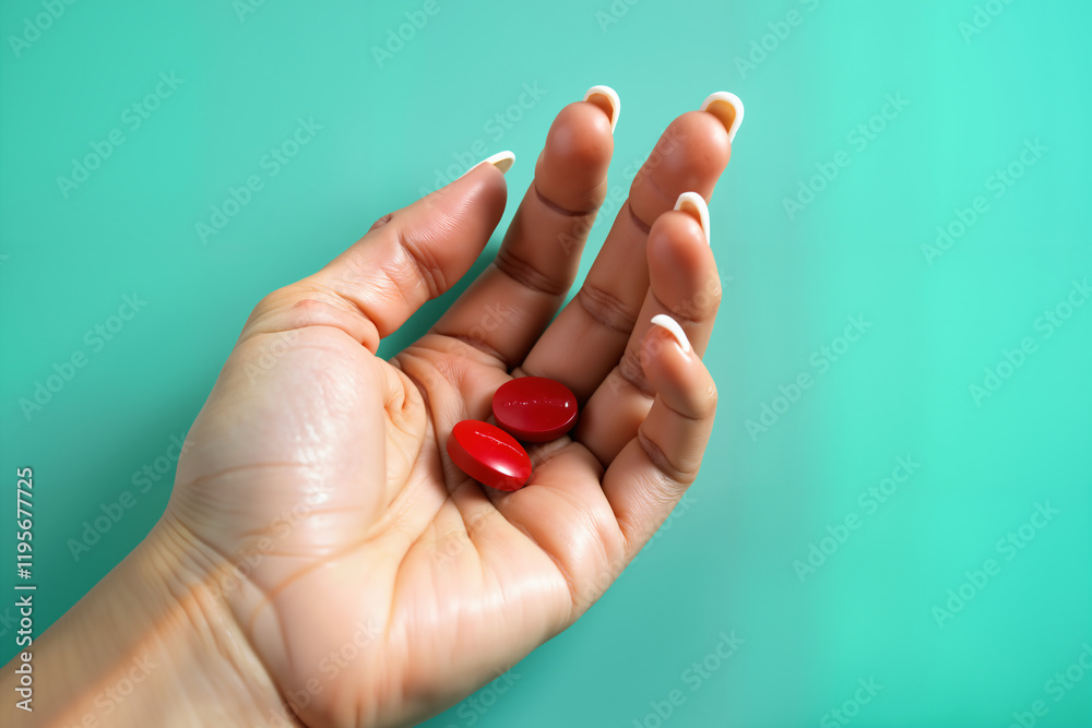 A hand with manicured nails holds two red, oval-shaped pills against a teal background. A hand with manicured nails holds two red, oval-shaped pills against a teal background.