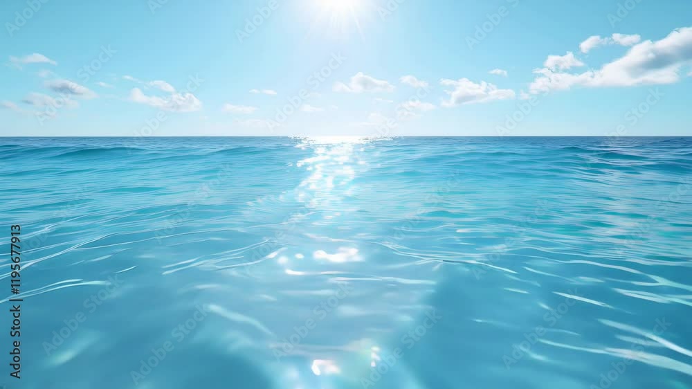 Bright sun reflecting on serene ocean waves with clear blue sky and scattered clouds during a tranquil midday