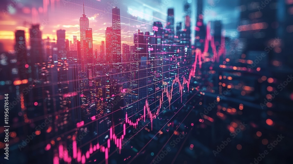 Naklejka premium Modern City Skyline with Trading Graph Overlay at Dusk