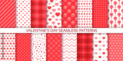 Valentines day background. Seamless pattern with hearts. Love prints for wrapping papers. Set romantic red backdrops. Vector illustration. Collection cute textures. Girly hearted scrap design