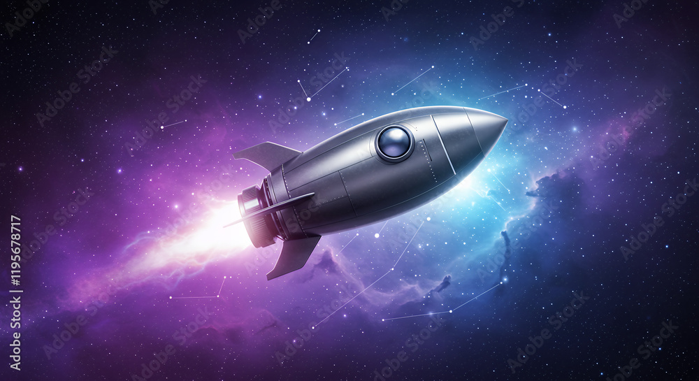 Retro Rocket Ship Soaring Through Vibrant Nebula in Space Retro Rocket Ship Soaring Through Vibrant Nebula in Space