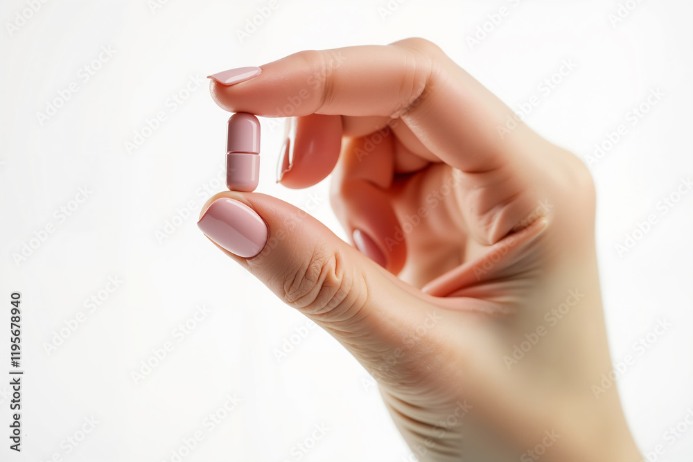 A hand with pink nail polish holds a pink capsule against a white background. A hand with pink nail polish holds a pink capsule against a white background.
