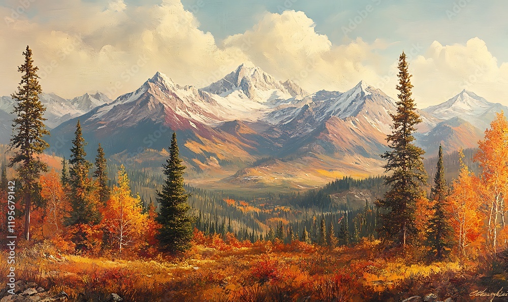 Obraz premium A sweeping panorama of alpine mountains adorned with autumn colors
