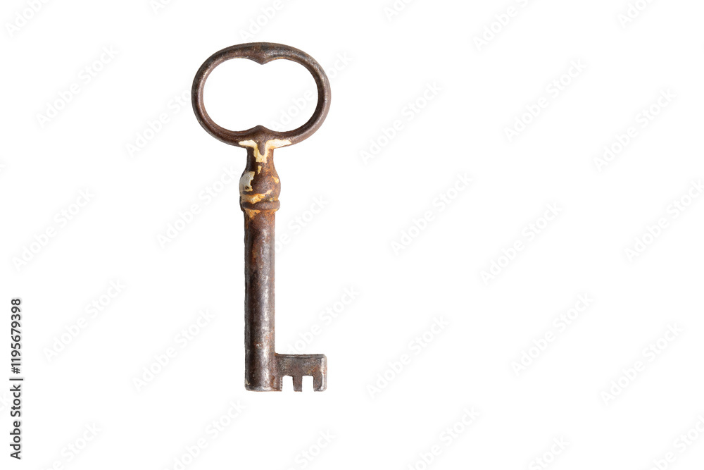 Old metal key with unique design held against a plain background showcasing intricate details and aged texture Old metal key with unique design held against a plain background showcasing intricate details and aged texture