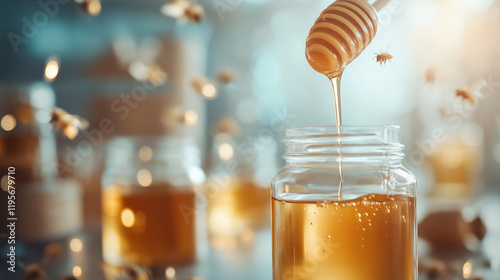 A beekeeper demonstrating the honey extraction process in a workshop, with freshly harvested honey being poured into jars photo